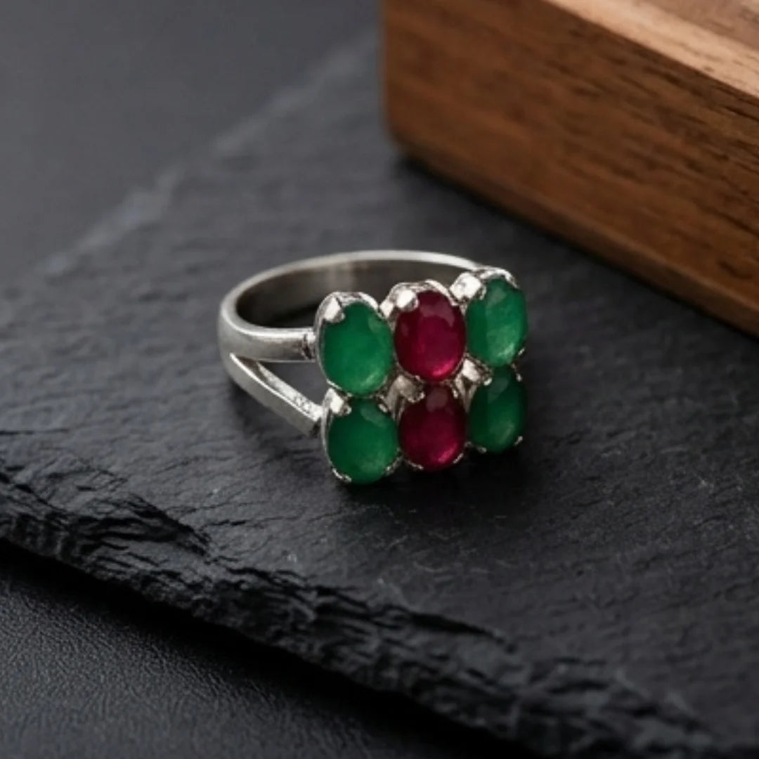 Emerald + Ruby Ring | Step Cut | CODE R-30