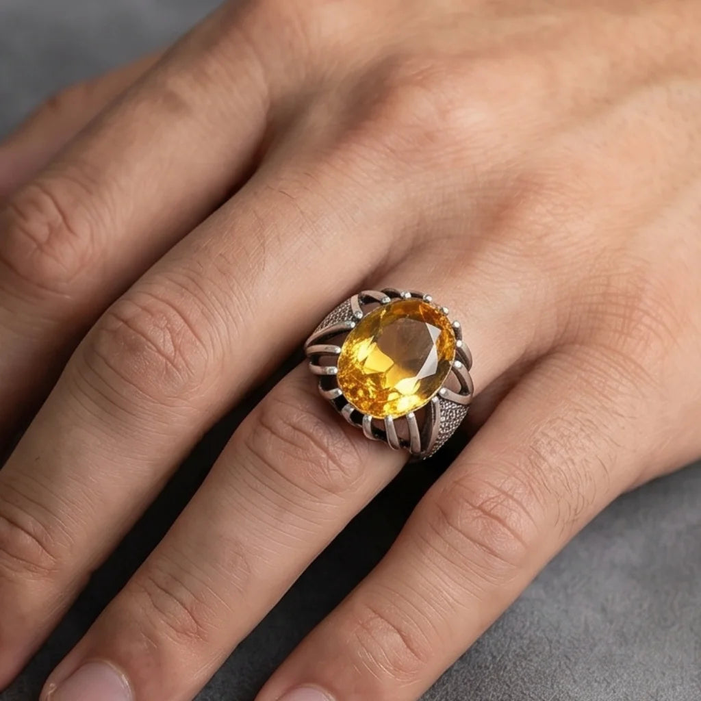 Pukhraj Ring | Turkish Designs | Yellow Sapphire Step Cut | CODE P-63