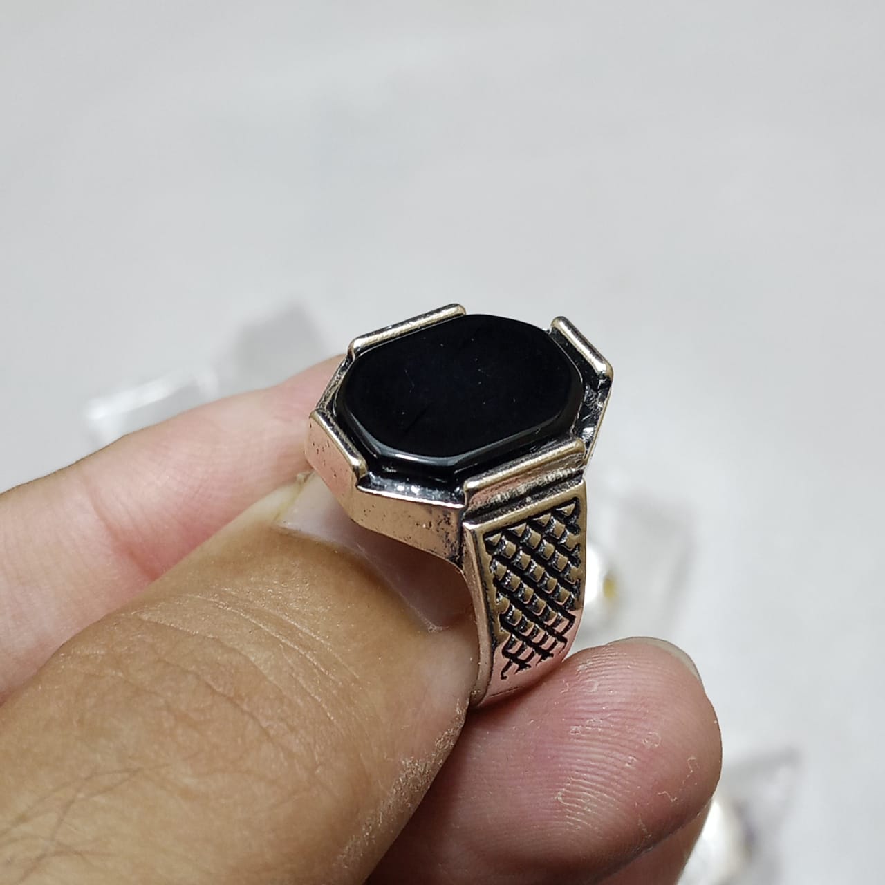Black Aqeeq Ring | Black Agate Ring | Italian style Ring