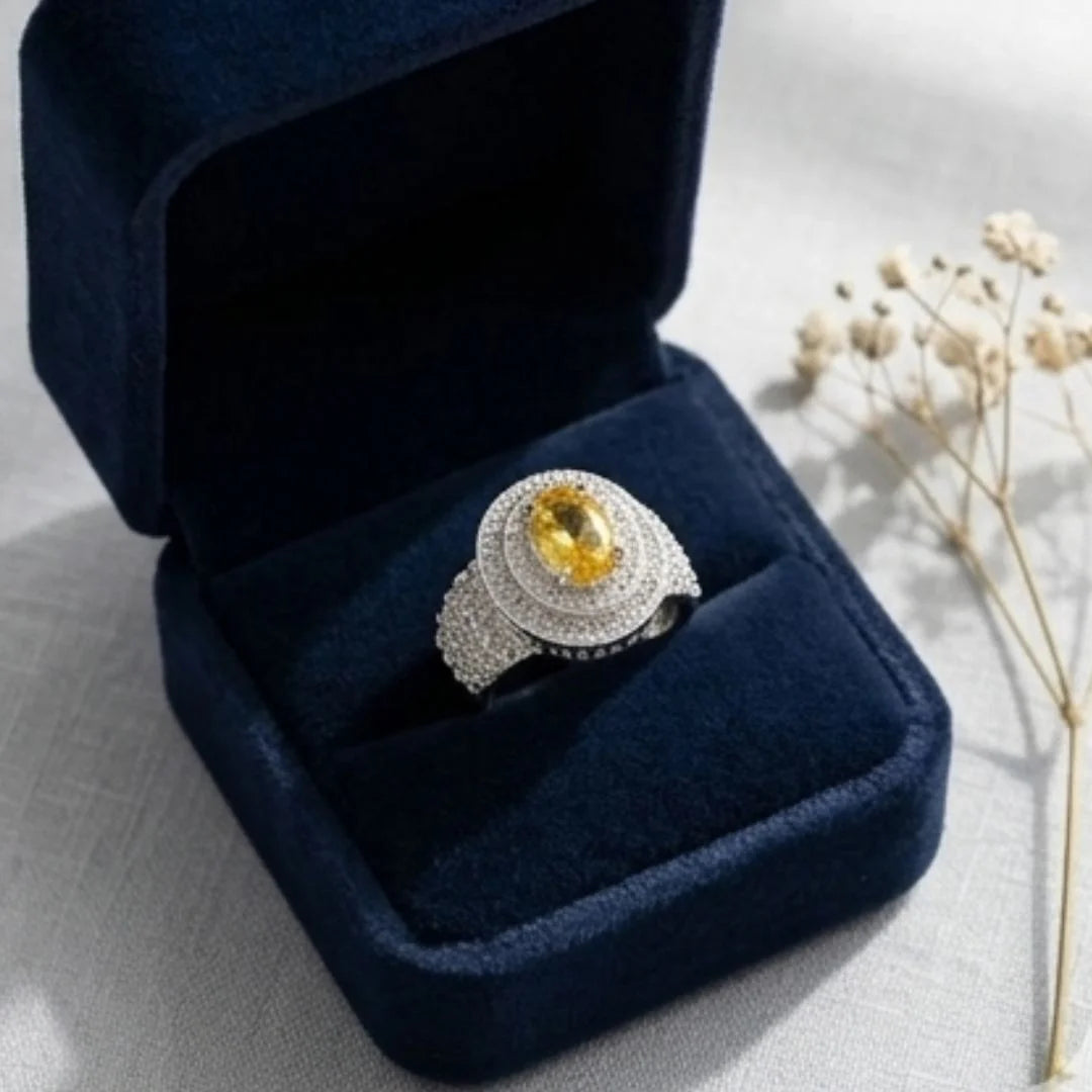 Female Pukhraj Ring | Turkish Designs | Yellow Sapphire Step Cut | CODE P-59