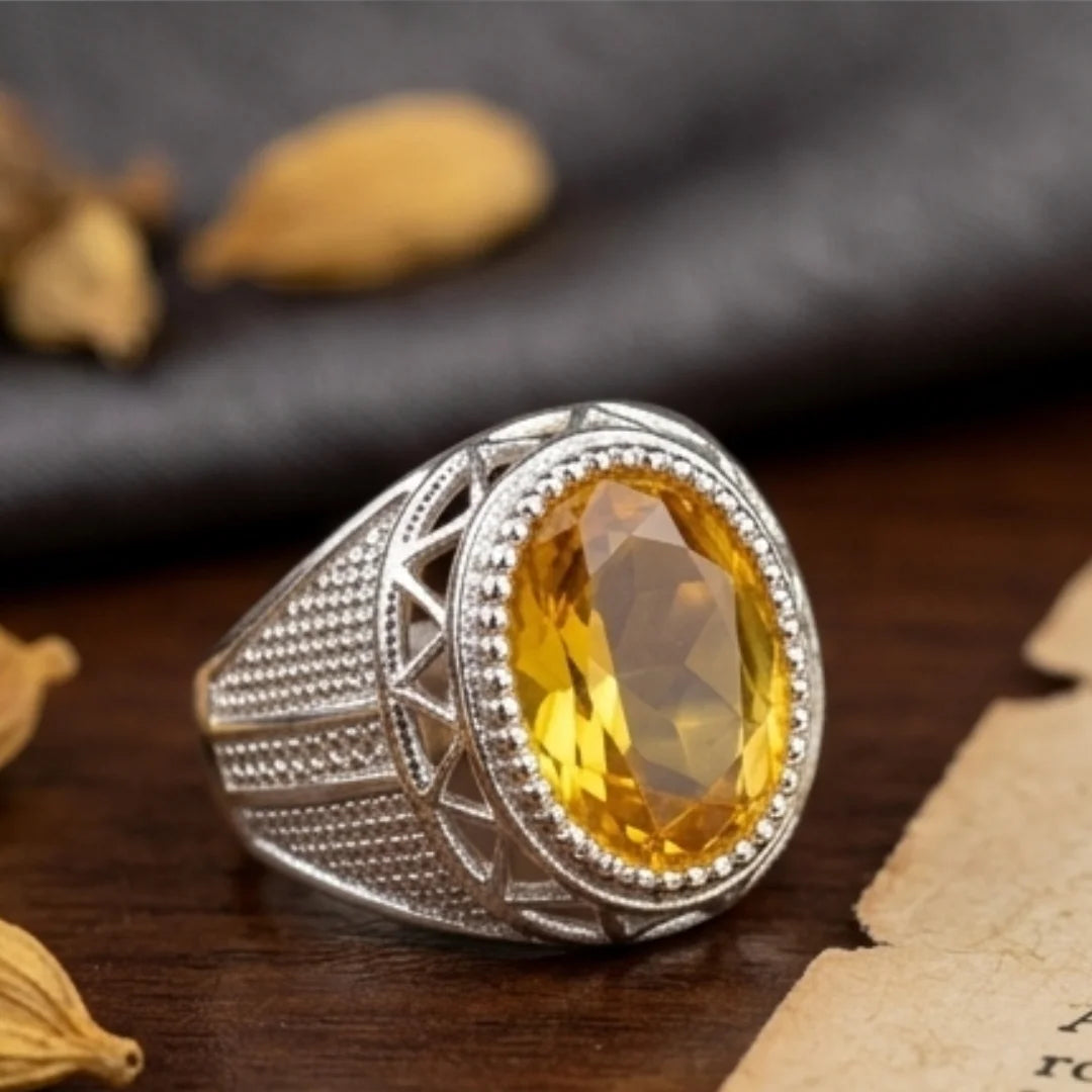 Pukhraj Ring | Turkish Designs | Yellow Sapphire Step Cut | CODE P-48