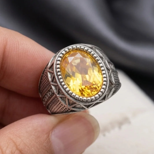 Pukhraj Ring | Turkish Designs | Yellow Sapphire Step Cut | CODE P-50