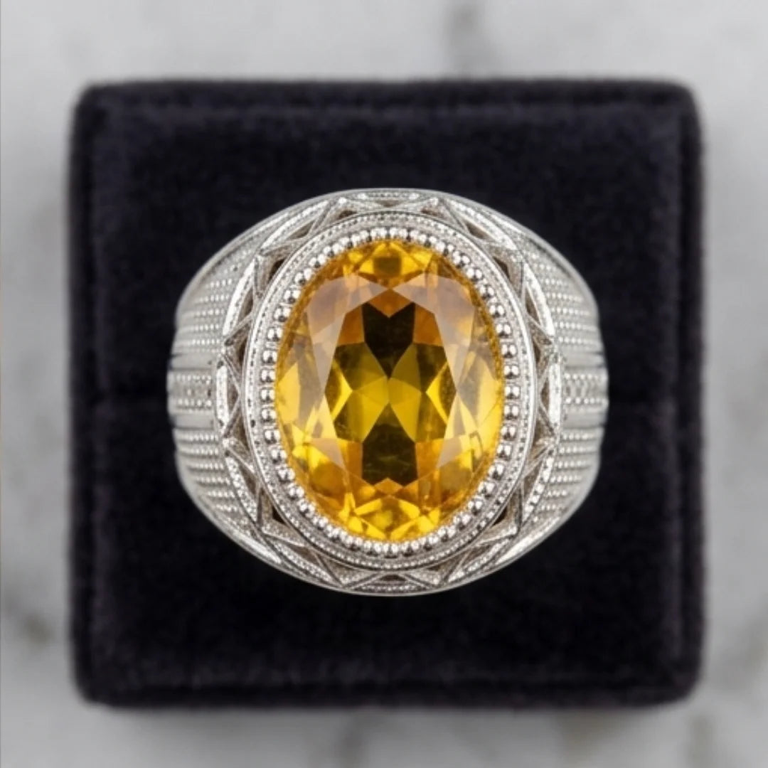Pukhraj Ring | Turkish Designs | Yellow Sapphire Step Cut | CODE P-48