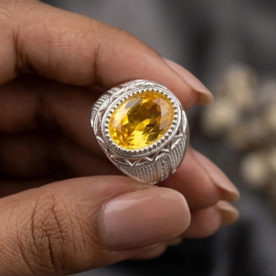 Pukhraj Ring | Turkish Designs | Yellow Sapphire Step Cut | CODE P-48