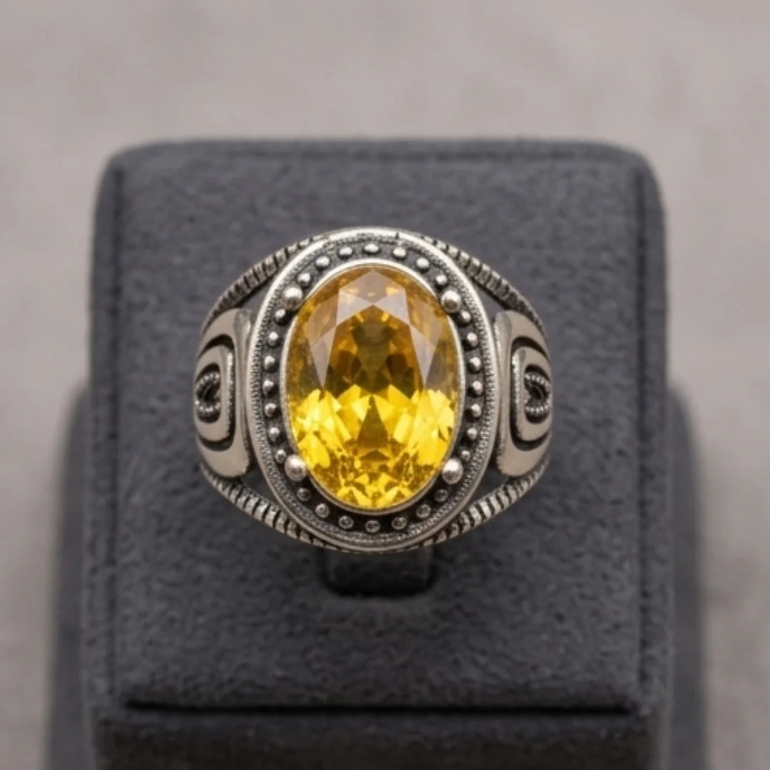 Pukhraj Ring | Turkish Designs | Yellow Sapphire Step Cut | CODE P-49