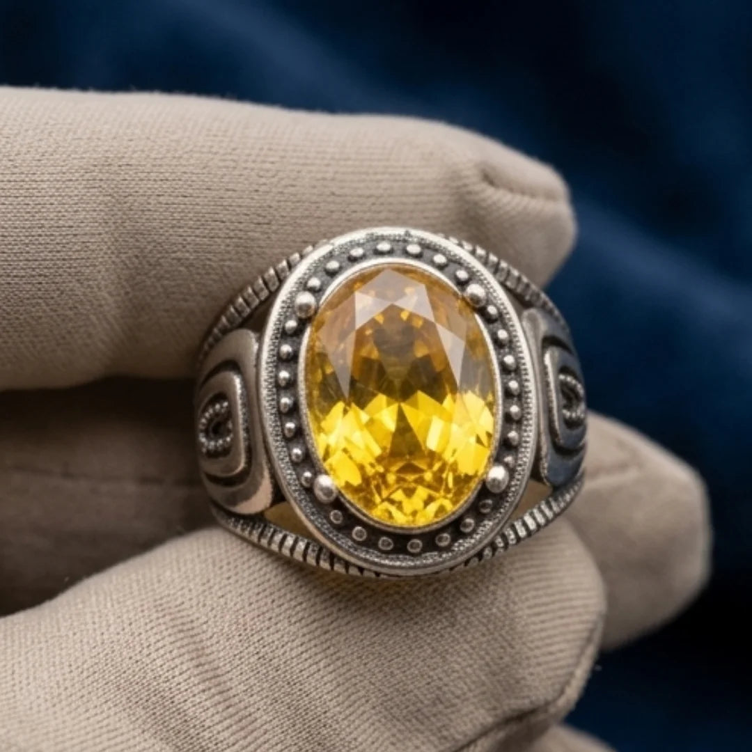 Pukhraj Ring | Turkish Designs | Yellow Sapphire Step Cut | CODE P-49