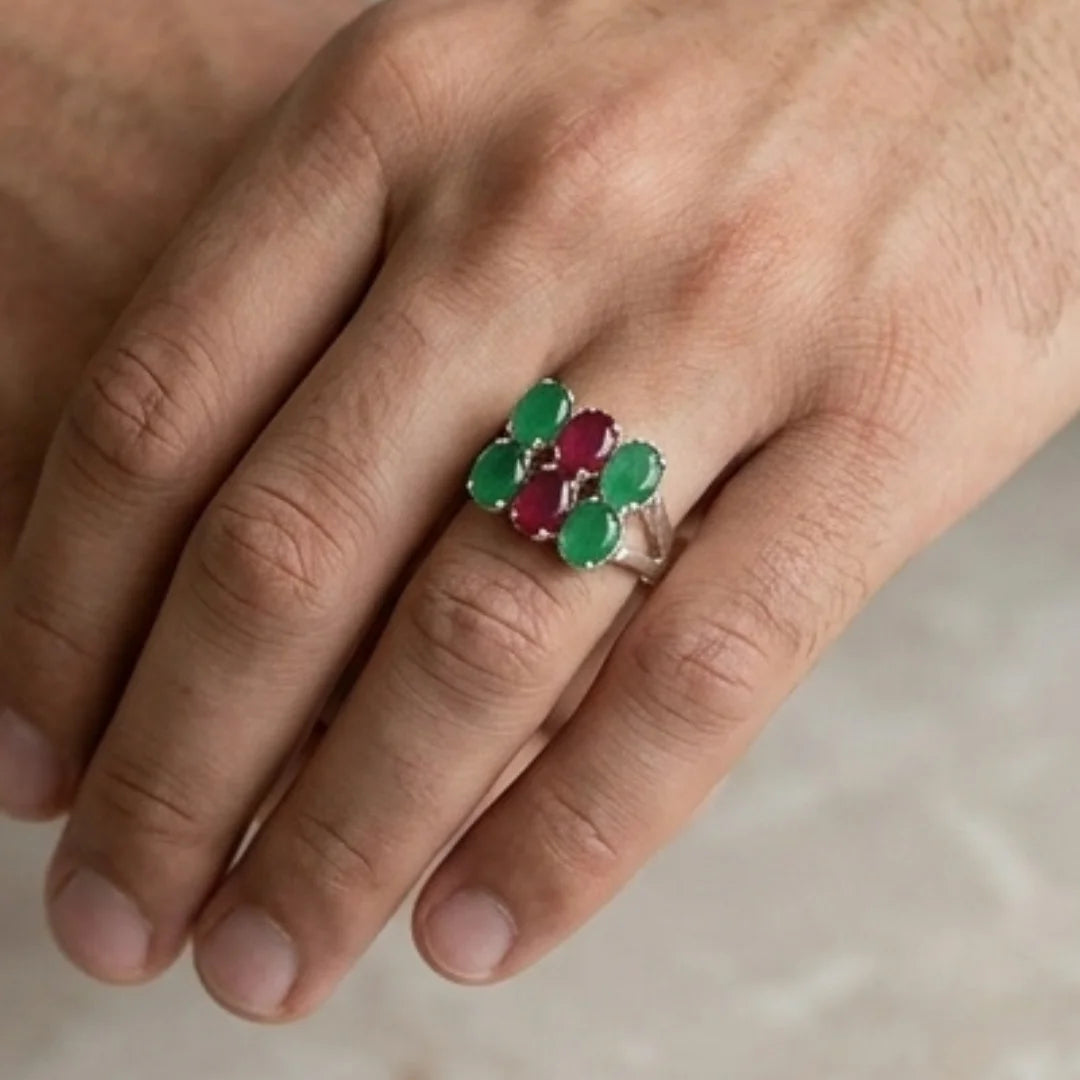 Emerald + Ruby Ring | Step Cut | CODE R-30