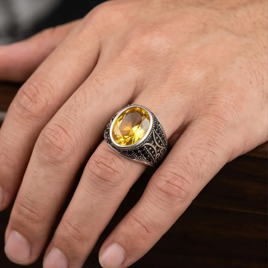 Pukhraj Ring | Turkish Designs | Yellow Sapphire Step Cut | CODE P-61