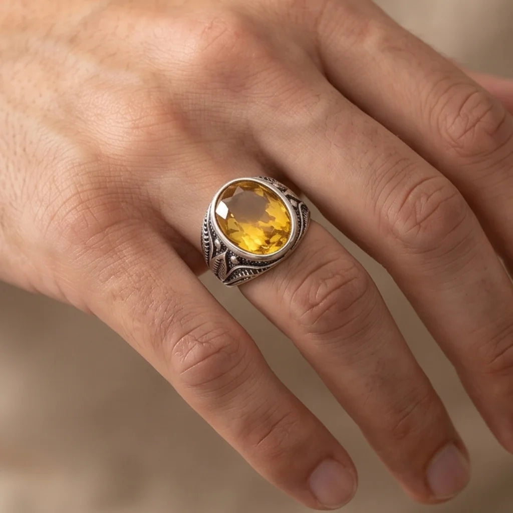 Pukhraj Ring | Turkish Designs | Yellow Sapphire Step Cut | CODE P-62