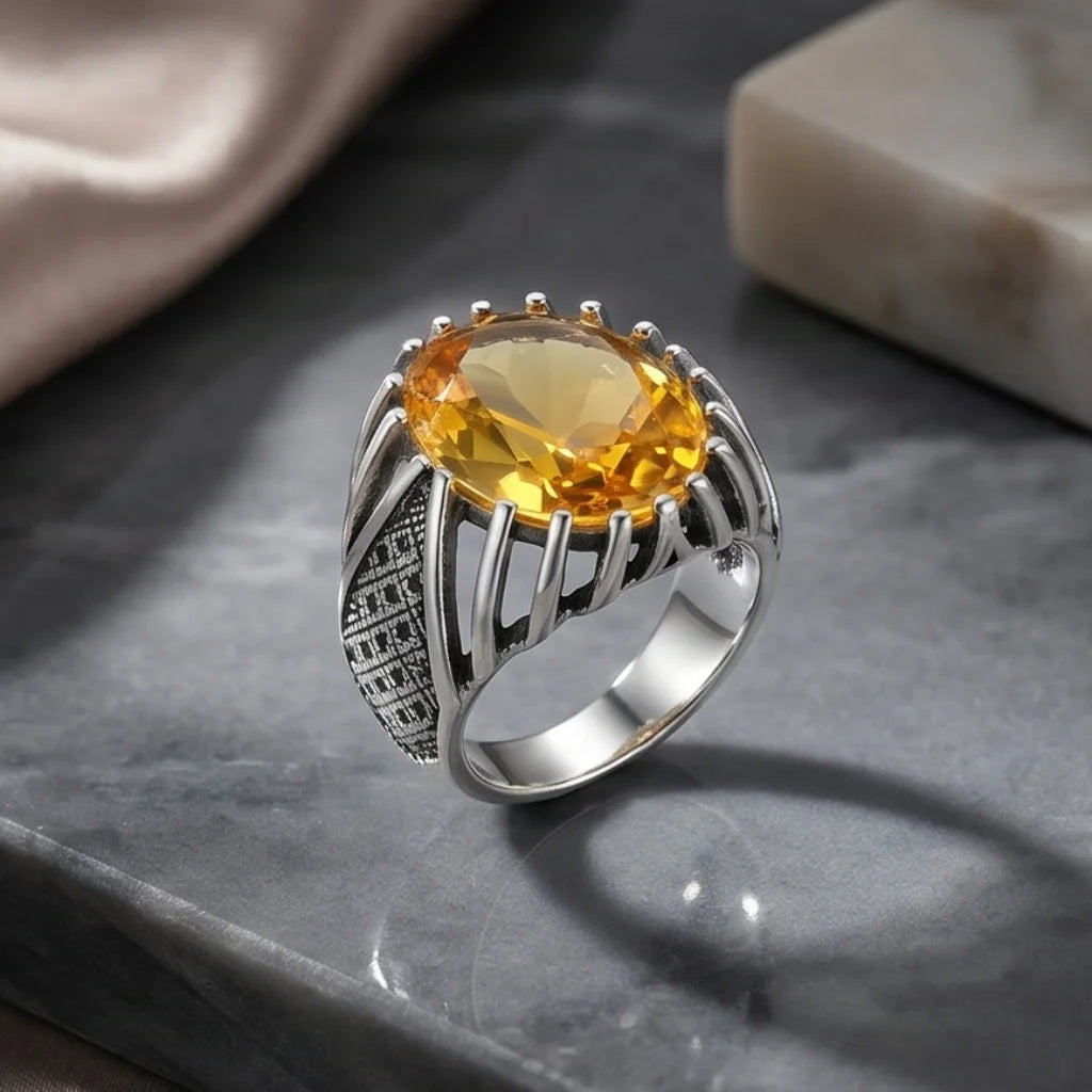 Pukhraj Ring | Turkish Designs | Yellow Sapphire Step Cut | CODE P-63
