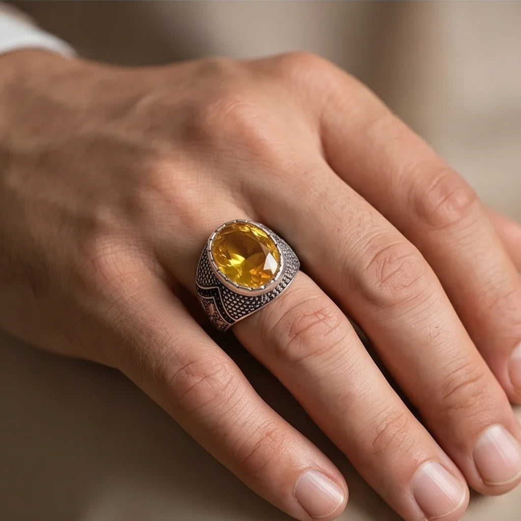 Pukhraj Ring | Turkish Designs | Yellow Sapphire Step Cut | CODE P-64