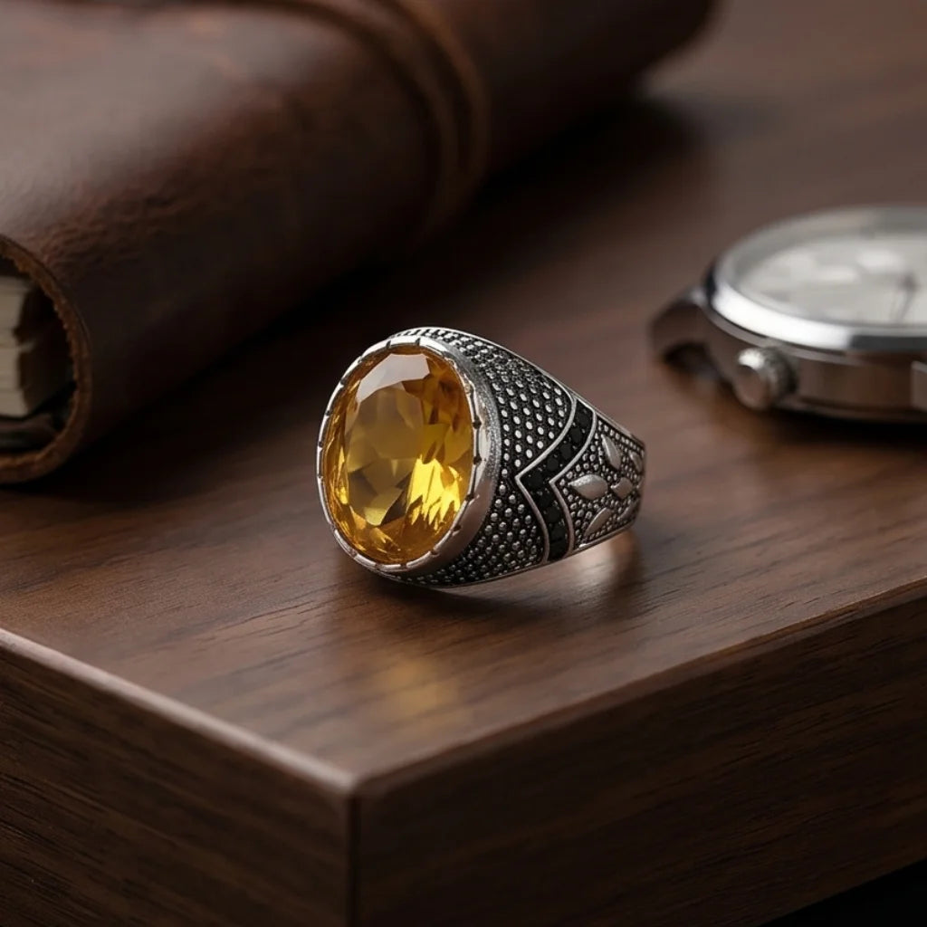 Pukhraj Ring | Turkish Designs | Yellow Sapphire Step Cut | CODE P-64