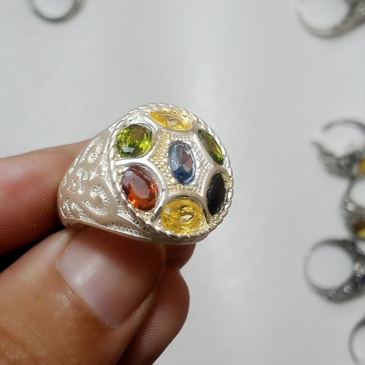 Multiple Stone Ring | Step Cut ;| Pukhraj, Emerald, Yaqoot, Neelam