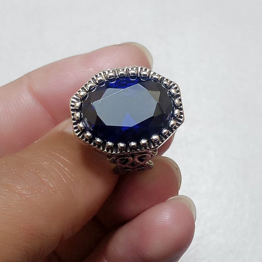 Neelam Ring | Turkish Design | Blue Stone Step Cut | CODE N-41