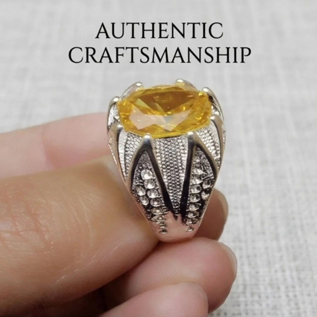 Pukhraj Ring | Turkish Designs | Yellow Sapphire Step Cut | CODE P-60